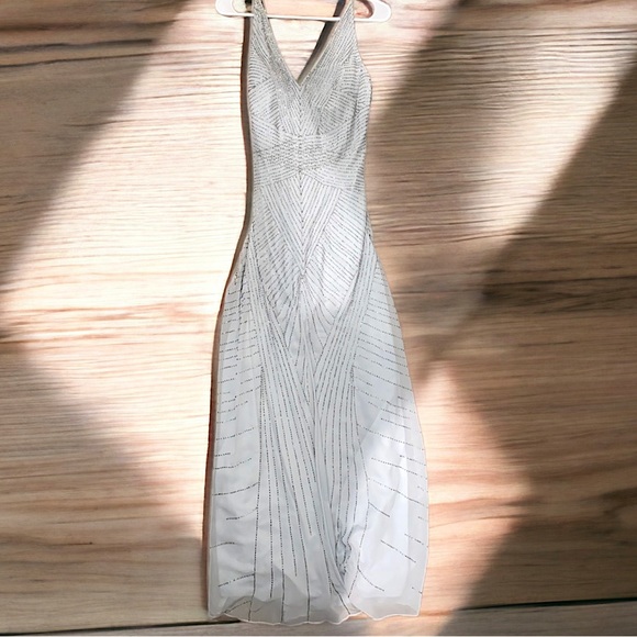 Designer Aidan Mattox V Neck Embellished Blue Gown